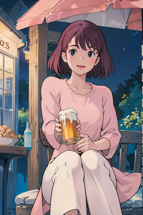 holding beer, pink hair, semi-long, tavern, smile, night, neon