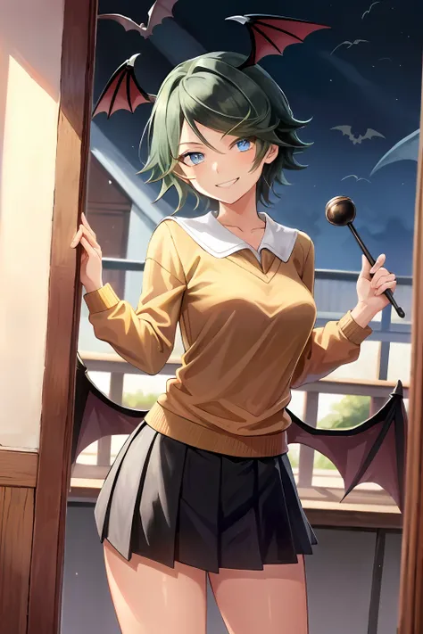 Masterpiece, top quality, high resolution, masterpiece, adult woman, one, yellow sweater, long sleeve sweater, pleated mini skirt, black miniskirt, short hair, evil smile, golden hair, bat wings, bad smile, evil plan, night classroom, school uniform, unifo...