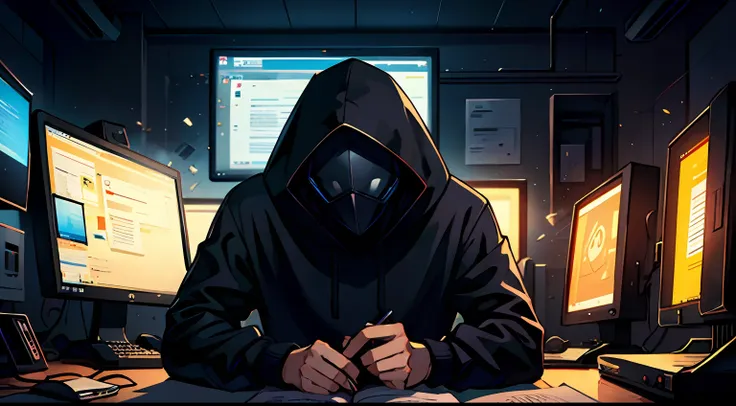 hacker, black hood, studying in front of the computer, high detail, 4k --auto