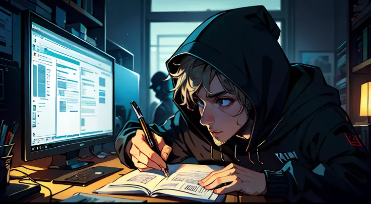 hacker, black hood, studying in front of the computer, high detail, 4k --auto