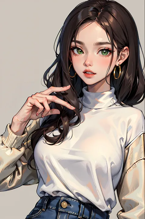 (masterpiece:1.2, best quality), 1lady, solo, upper body, big tits
Dark wash skinny jeans, oversized sweater, ankle boots
Loose waves, center part
simple hoop earrings
green Park