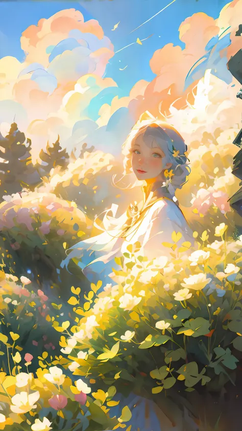 lustration of a woman in a field of flowers a blue sky of clouds, beautiful illustration, beautiful painting, beautiful uhd 4k a...