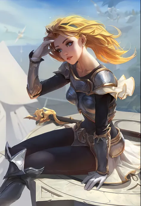 a woman in armor sitting on a ledge with a sword, extremely detailed artgerm, lux from league of legends, ig model | artgerm, gorgeous female paladin, aly fell and artgerm, portrait knights of zodiac girl, artgerm and rossdraws, style artgerm, krenz cushar...