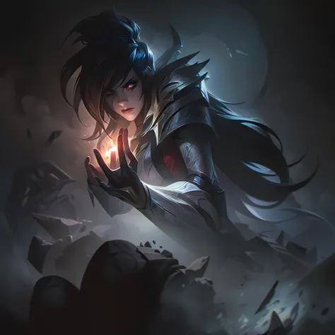 ((masterpiece, ultra detailed)), concept art, illustration, digital art, 1girl, solo, pale young woman surrounded by black smoke with ash ((angry face)) hidden in gothic cathedral, ( (very long hair, black hair)),((red iris and pupil)), knight, silver blac...