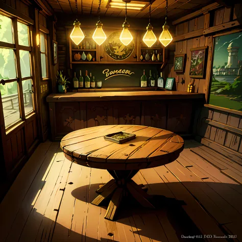 (anime setting) ,(digital art), (anime), anime style digital art, rustic wooden table with golden adornments, scenery, an anime-...