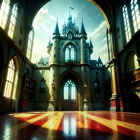 (anime setting) ,(digital art), (anime), anime style digital art, castle hall,m castle golden adornments, scenery, an anime cast...