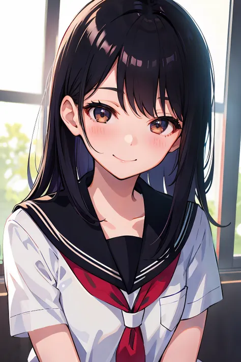 best quality, ponytail, nogizaka, sailor suit, masterpiece, girl, black hair, black eyes, house, the sun is shining, shiny skin,...