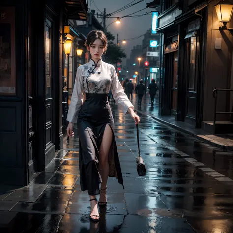 Aodai, street, the city at night, epic realistic, photo, faded, complex stuff around, intricate background, soaking wet, neutral colors, ((((hdr)))), ((((muted colors)))), intricate scene, artstation, intricate details, vignette