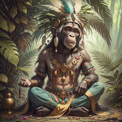 chimpanzee with headdress ((shaman)),((meditative state),,shaman, elegant chimpanzee, hair with details, with indian headdress o...