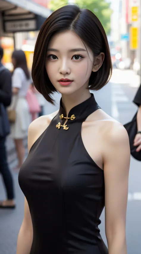 a beautiful girl, exquisite facial features, exquisite face, black hong kong style short hair, exquisite hairstyle, beautiful an...