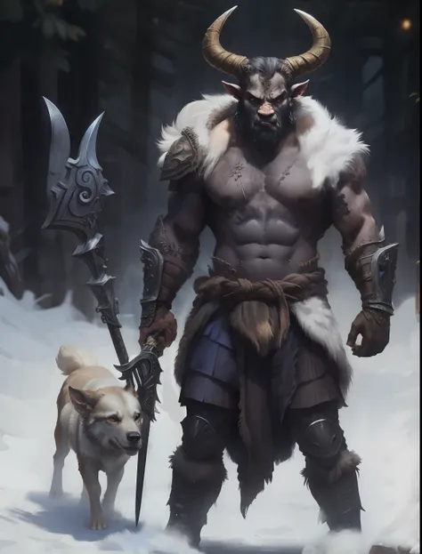 arafed man in armor with a horned head and a dog, fit male demon with white horns, fur-clad barbarian goliath, a minotaur wolf, ...