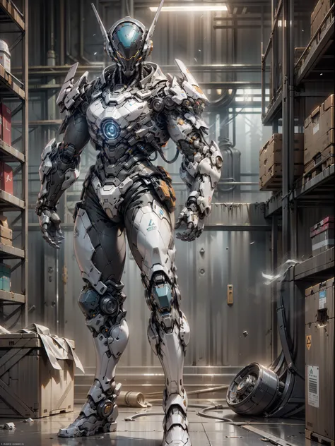 Engineer, Repairer, Well Equipped, Complex Arsenal, Super Cool Ghost Hunter, Male, Warrior, Wearing Blue Mechanical Armor, Huge Warehouse, Repair Tools, Repair Pose, Perfect Body Proportions, Mechanical Warehouse Background, Super Detail, IP by Pop Mart, E...