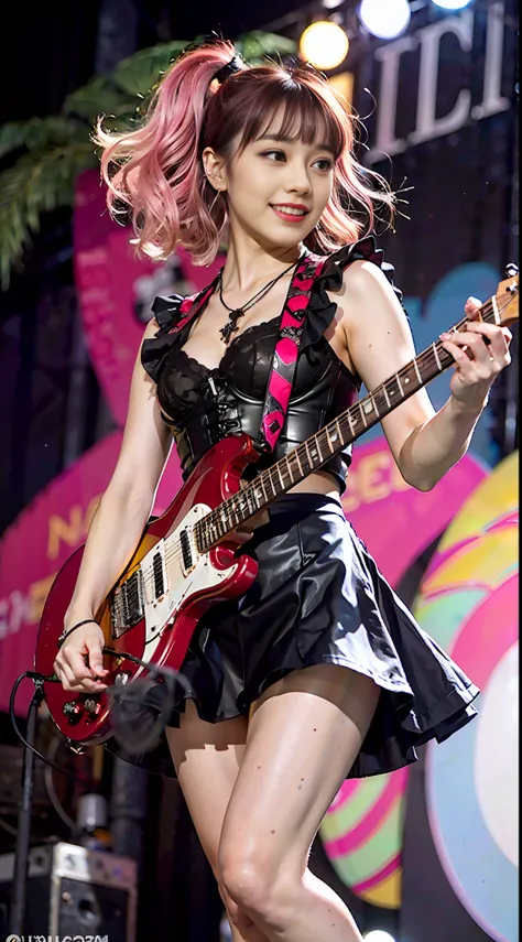 Top Quality, Masterpiece, Ultra High Definition, (Photorealism: 1.4), Raw Photo, (Full Body Shot), Charming Smiling Girl Playing Electric Guitar on Live Stage, (Dynamic Pose), short hair, pink Gradient Hair, micro Bangs, Cross Pendant Necklace, Earrings, (...