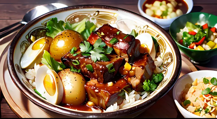 (a bowl of golden egg fried rice, yellow gold, guangdong roast pork: 1.4, greens, beijing roast duck: 1.3, beef stew: 1.2, brigh...