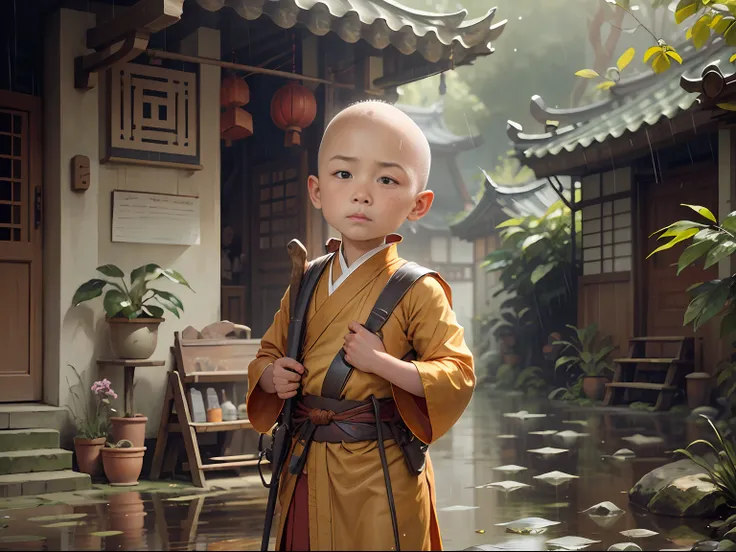 bald boy, little monk, trekking, rain, bald, chinoiserie,