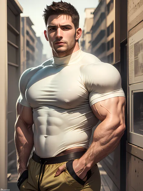 character design (resident evil - chris redfield, chris redfield) wears a mie cream white high-neck stretch tight t-shirt, looks...