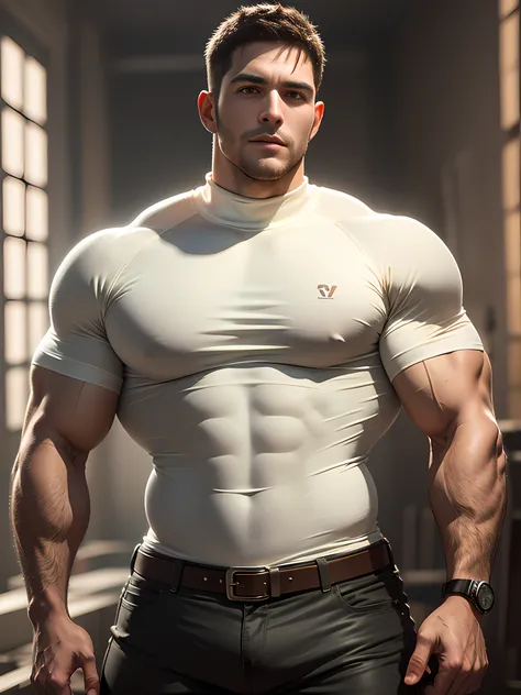 character design (resident evil - chris redfield, chris redfield) wears a mie cream white high-neck stretch tight t-shirt, looks...