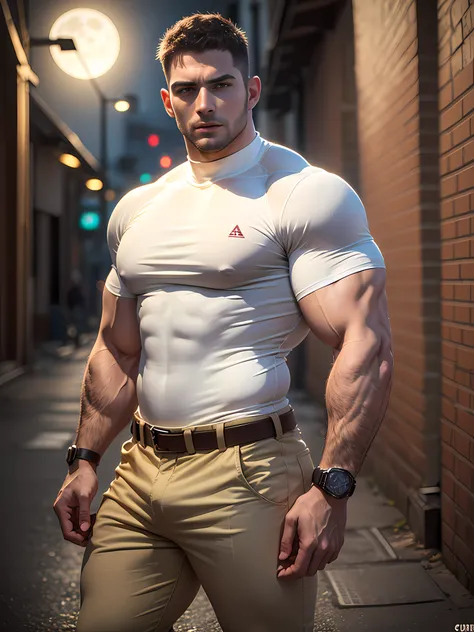 character design (resident evil - chris redfield, chris redfield) wears a mie cream white high-neck stretch tight t-shirt, looks...