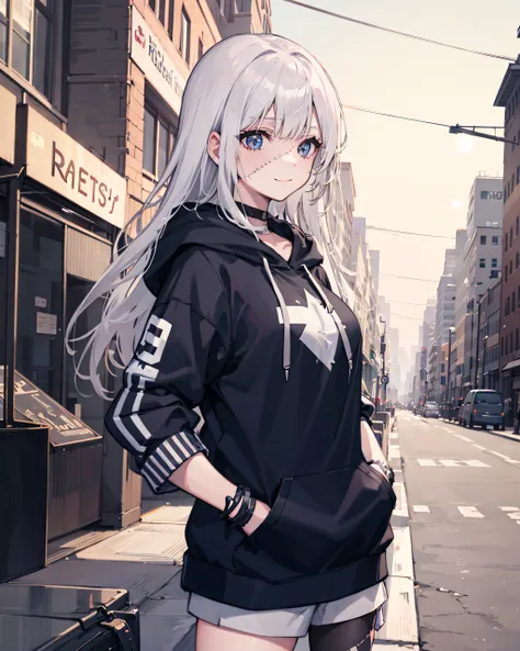 1girl, large breasts,stitched face, patchwork skin, closed mouth, long_hair, light smile,city,street, white hair, ,stitched_face...