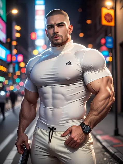 character design (muscle security, buzz cut, national character face, tough guy) wearing a mie cream white high-neck stretch tig...