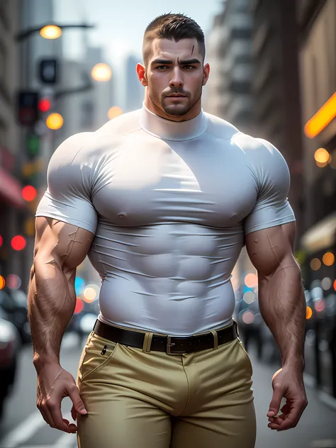 character design (muscle security, buzz cut, national character face, tough guy) wearing a mie cream white high-neck stretch tig...