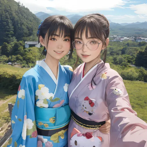 There is a Russian girl taking a selfie with Hello Kitty, Kuromi, Cinnamon, Maimero and other Sanrio characters wearing a purple kimono printed on it.