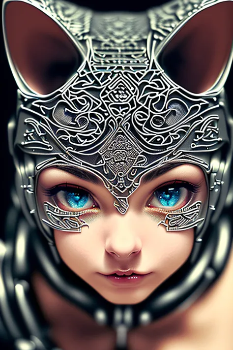 a cute kitten made out of metal, cyborg, cyberpunk style, ((intricate details)), hdr, ((intricate details, hyperdetailed)), cinematic shot, vignette, PERFECT (((gorgeous FACE))), highly detailed, INTRICATE