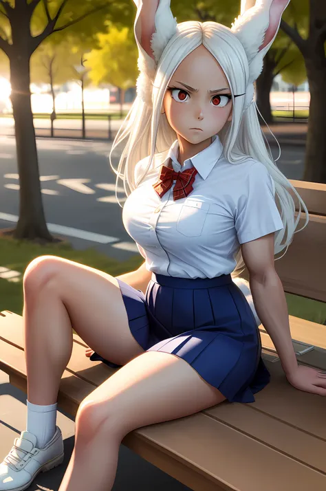 [Miruko; Boku no hiro academia], ((solo portrait)), ((High definition)), ((anime)), ((Kohei Horikoshi)), ((raytracing)), ((detailed shading)), ((cinematic lighting)), {Miruko; (tanned skin, maroon eyes, long white hair, long white bunny ears, small fluffy ...