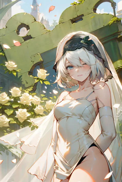 masterpiece, best quality, 1 girl, nier.2b\ (bride\), hair in one eye, bridal veil, dress, thighs, faint smile, arms crossed, ch...