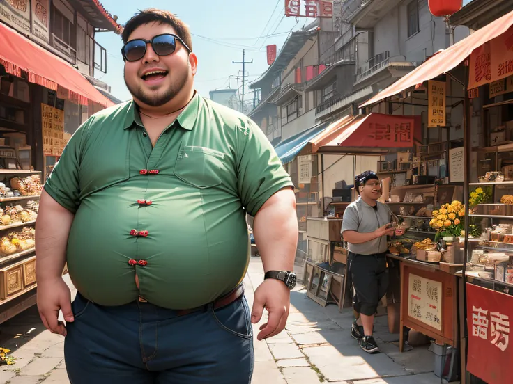 1 man, slightly chubby man from a distance, strong, talking, laughing, chinese face, standing, sunglasses, 30 years old, antique...