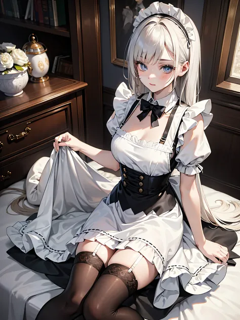 elf, girl, solo, full body, platinum blonde,twin tails, blue eyes, with a funny look, sit on bed, 
maid dress in a long dress in...