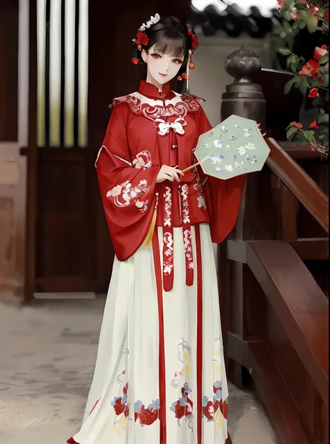 araffe dressed in a red and white kimono holding a fan, palace , a girl in hanfu, hanfu, traditional chinese clothing, wearing ancient chinese clothes, white hanfu, with acient chinese clothes, traditional chinese, chinese costume, traditional tai costume,...