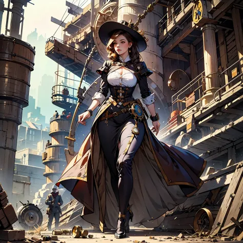 cuclillas,woman rummaging through a mechanical scrap,steampunk clothes,intricade insane detail clothes,ultra realistic 8k cg, pi...