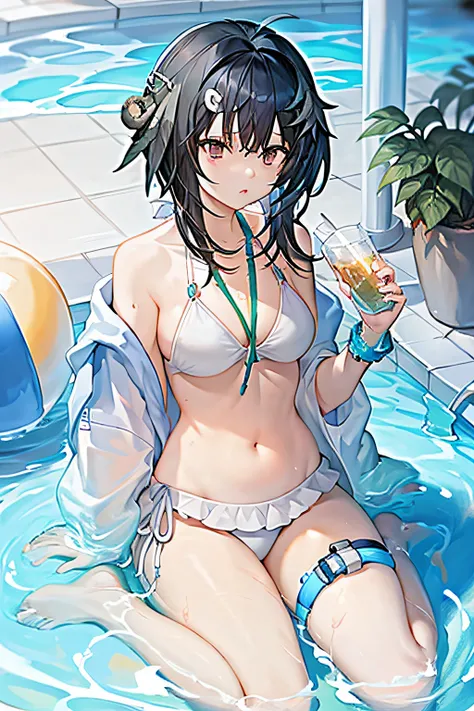1girl, ball, balloon, bare shoulders, barefoot, beachball, bikini, bird, black hair, boat, breasts, bubble, caustics, dolphin, full body, holding, holding ball, inflatable toy, innertube, jacket, looking at viewer, medium breasts, navel, off shoulder, pal...
