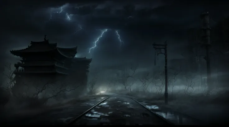 high detail,hyper quality,high resolution,4K,ruins,deserted highways,lightning and thunderstorms bringing electrical storms,dark nights falling,moody,epic detail,oppression of darkness,loneliness of despair,tension of danger,grey sense of loss,Backlighting...