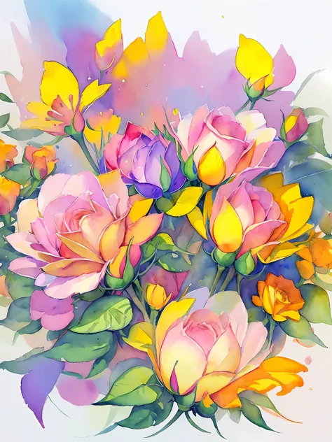 Top view roses Highly detailed rendering, concept art, depth of field, bokeh, octane rendering, sunny mystical atmosphere Elemental flowers, 32k, watercolor