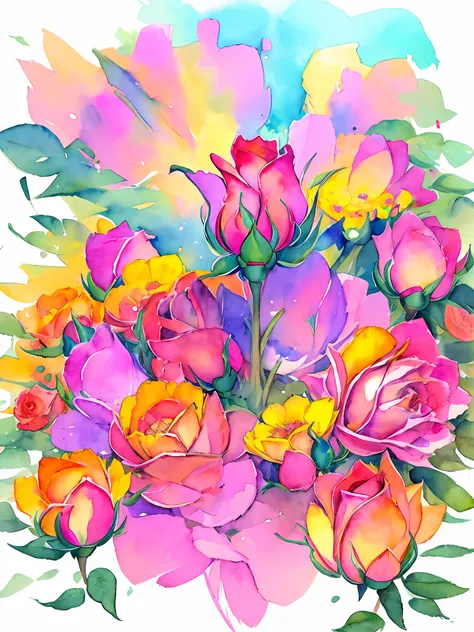 Top view of roses Highly detailed rendering, concept art, depth of field, bokeh, octane rendering, sunny mystical atmosphere Elemental flowers, 32k, watercolor