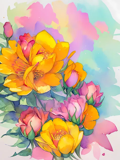 Top view of roses Highly detailed rendering, concept art, depth of field, bokeh, octane rendering, sunny mystical atmosphere Elemental flowers, 32k, watercolor