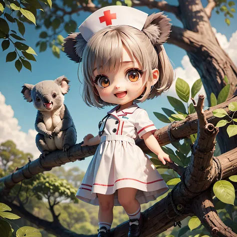 masterpiece, top quality, super detail, one koala girl, chibi chara, nurse uniform, smile, open mouth, full body, climbing a tre...