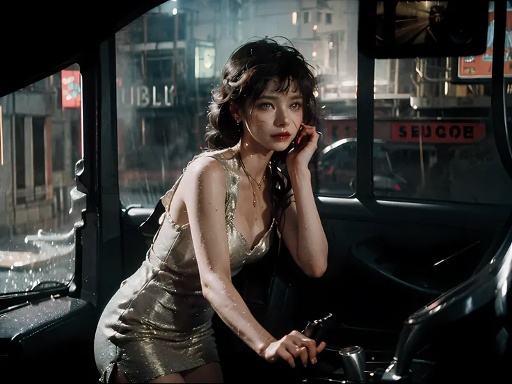 Photo of a woman in a city street, inside a car, skinny, tight dress, (cinematic look:1.4), soothing tones, insane details, intricate details, hyperdetailed, low contrast, soft cinematic light, (dim colors:0.6), hdr, raw, slate gray atmosphere, (looking to...