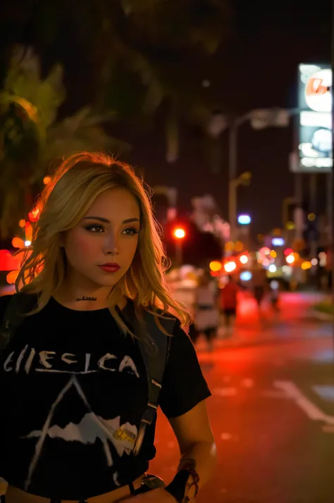 masterpiece of a beautiful american woman in lingerie, standing on the side of the road at night, street photo, on a street in l...