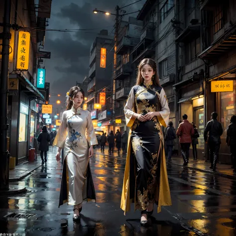 Ao Dai the a traditional dress of Vietnam, street, cyberpunk, epic realistic, photo, faded, complex stuff around, intricate background, soaking wet, yellow colors, ((((hdr)))), ((((muted colors)))), intricate scene, artstation, intricate details, vignette