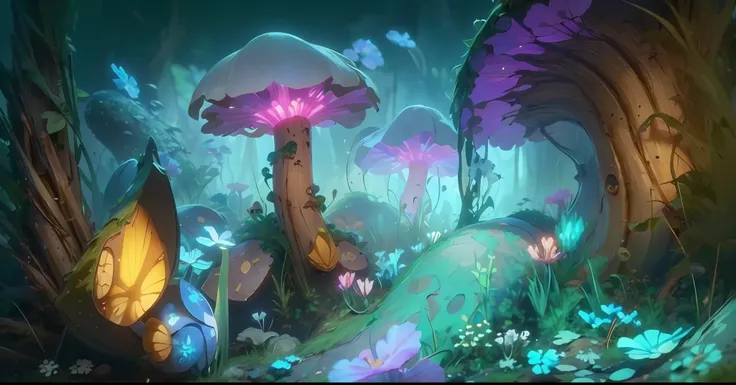 (Face Up) (microscopic), there are in the fantasy world (fantasy plants + fantasy mushrooms + fantasy spores + fantasy grass + fantasy branches + fantasy light spots), the whole is the feeling of being wrapped in plants, Pixar animation, Pixar art, the bes...