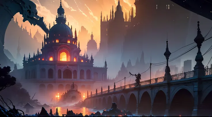(Masterpiece, Best Quality, High Detail, 8K), Hell Scene, Palace, Bridge, River Struggling Undead, Iron Cable, Breath of Death, Skeleton Monster, Horror, Cosmic Horror, Dark Tones, Blood, by Kilian Eng, cinematic composition, realistic light and shadow, cr...