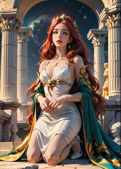 16K, Best Quality, High Definition, Masterpiece, Renaissance, Goddess, Red Hair, Madonna, Goddess, Green Eyes, Cosmic Background, Greek, Noble, Delicate Skin, Hands Folded, Life Force, Garland on Head, Kneeling, White Dress