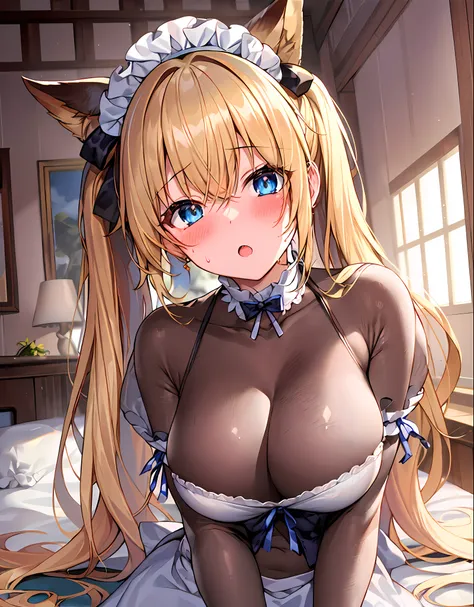 masterpiece,best quality,bed room,(very cute girl:1.4),blush,:o,glowing and sweaty skin,(large breasts:1.3),maid headdress,maid ...