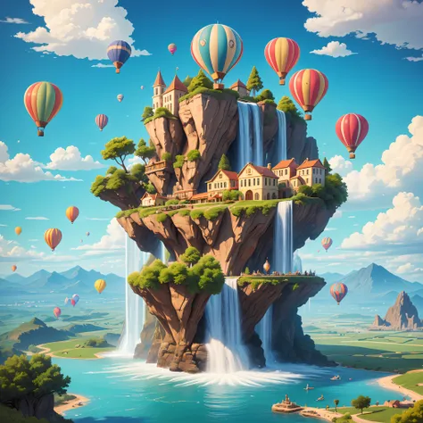 best quality,ultra-detailed,16k,masterpiece,fantasy,sky,cloudy,beatiful city on cloud,water,waterfall,cute creatures flying acro...