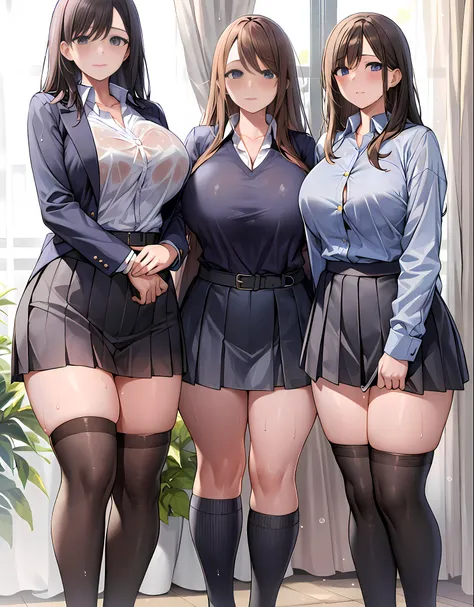 (hi-res), (best quality), (detail), (masterpiece), three girls, very big breasts, huge breasts, saggy breasts, long breasts, sch...