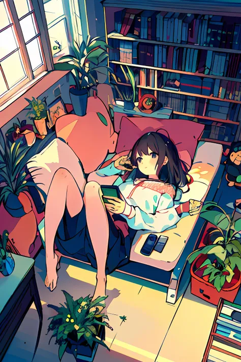 one girl, from above, plant, black hair, cat, lying down, indoors, holding, long sleeve, long hair, stuffed animal, potted plant...