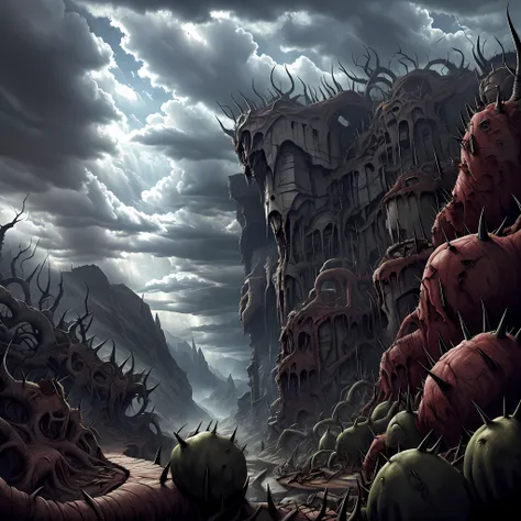 extreme cracked open in the ground, valley of madness in background. thorns, chaos, devastation, dramatic cloudy sky. horror art...